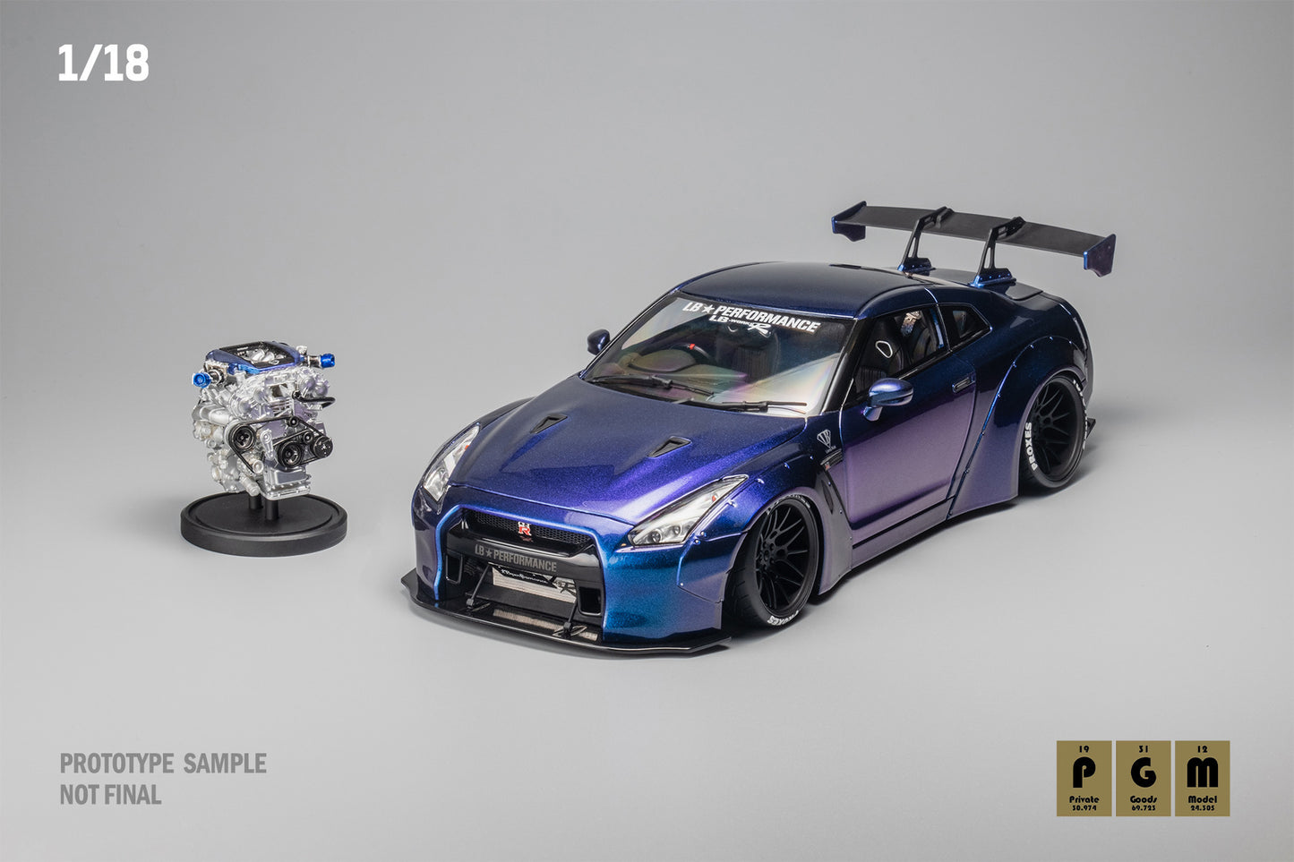 1/18 PGM LBWK Nissan GTR R35 Chameleon Fully Opened Diecast rear peako with engine